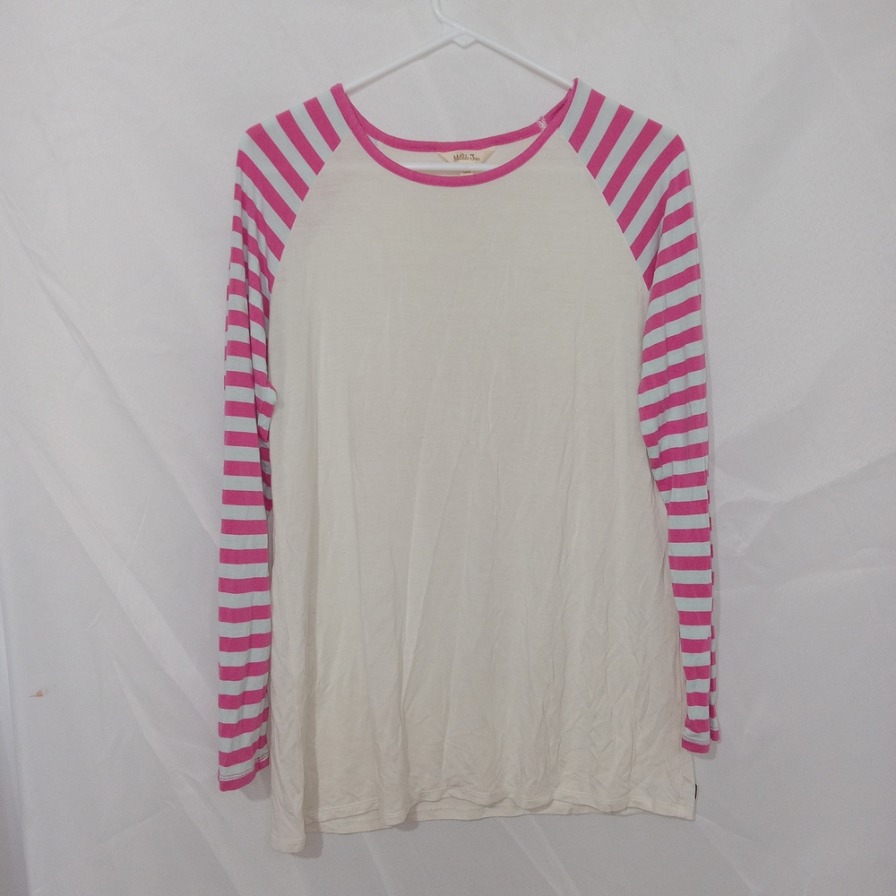 MATILDA JANE Anytime PJ Top Raglan Long Sleeve Stripe White Pink M Cozy EUC